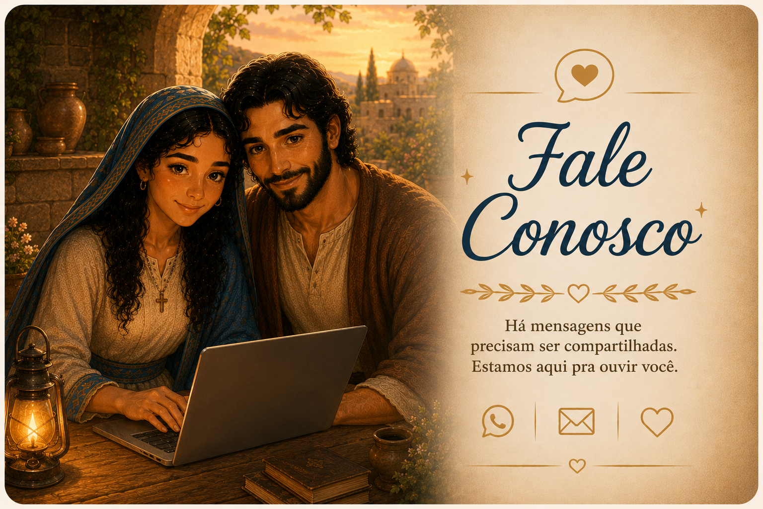 Fale Conosco — Maria e José acolhendo mensagens do projeto Maria de Nazaré 2026