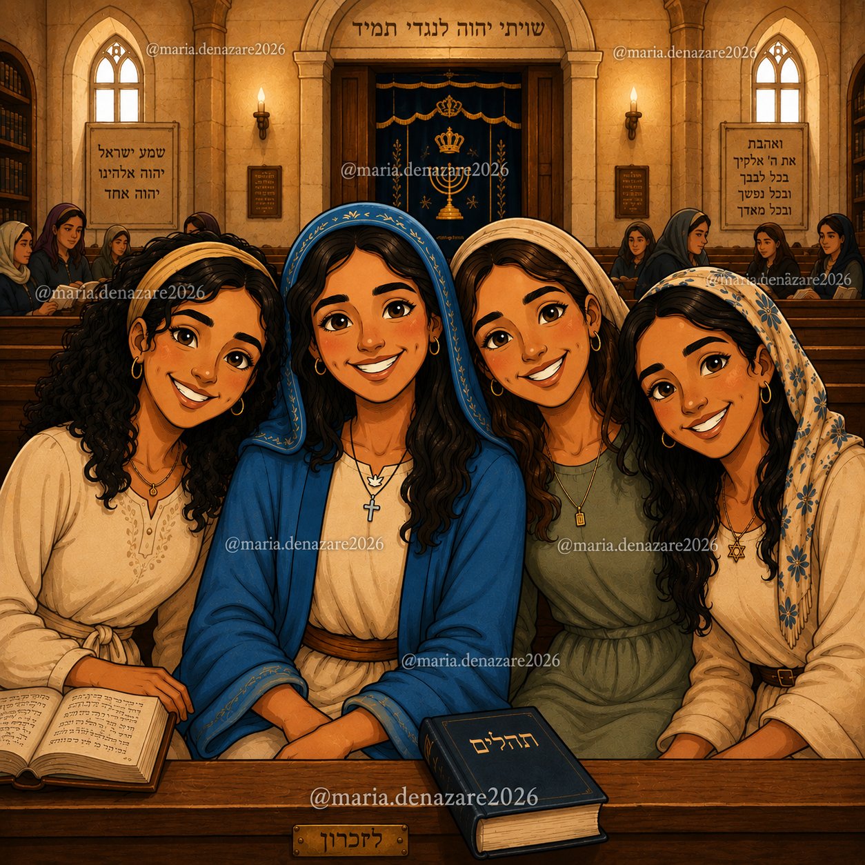 Maria com amigas na sinagoga